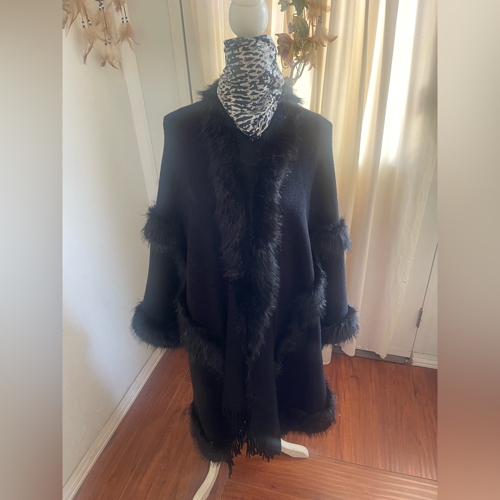 Women’s Winter Cape Coat, Luxurious Faux Fur Trim,  Cloak Style Elegant Poncho